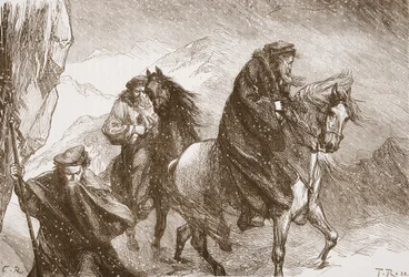 Farel e i suoi compagni che attraversano le Alpi, illustrazione da La storia del protestantesimo di James Aitken Wylie (1808-1890), pub. 1878