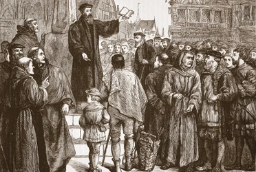 Farel che predica nella piazza del mercato di Neuchatel, illustrazione da La storia del protestantesimo di James Aitken Wylie (1808-1890), pub. 1878
