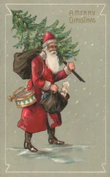 Babbo Natale che porta un sacco di giocattoli e un albero di Natale