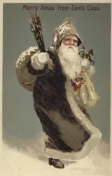 Babbo Natale in un cappotto di pelliccia, che porta regali