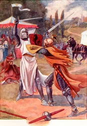 Cavalieri combattenti in armatura. Illustrazione colorata dal libro The Gateway to Tennyson pubblicato nel 1910