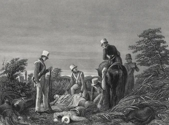 Ritrovamento dei colori del 24° Reggimento dopo la battaglia di Chillianwallah, c.1850 (incisione)