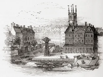 Fleet Ditch, Londra, Inghilterra nel 1749 al punto in cui sfociava nel Tamigi a Bridewell, da Old England: A Pictorial Museum, pub. 1847