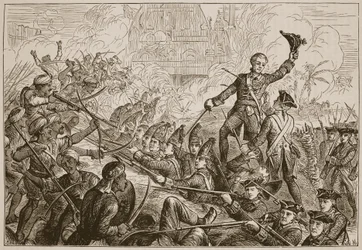 La difesa del ridotto di Tanjore da parte di Fletcher, illustrazione da Cassells Illustrated History of India di James Grant, pub. 1879
