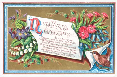 Fiori e uccello, Cartolina di Capodanno
