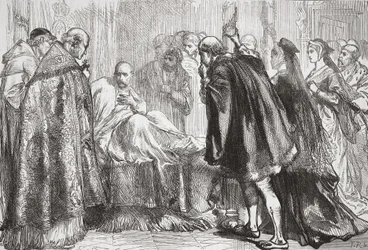 Francesco I sul letto di morte, illustrazione da La storia del protestantesimo di James Aitken Wylie (1808-1890), pub. 1878