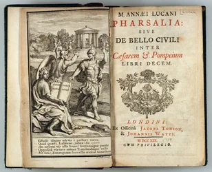 Frontespizio di Pharsalia o La Guerra Civile tra Cesare e Pompeo di Marco Anneo Lucano inciso da J. Cole, 1719