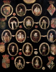 Albero genealogico che traccia le origini Tudor di Maria Stuarda, regina di Scozia (1542-87), e di suo figlio Giacomo VI di Scozia e I d
