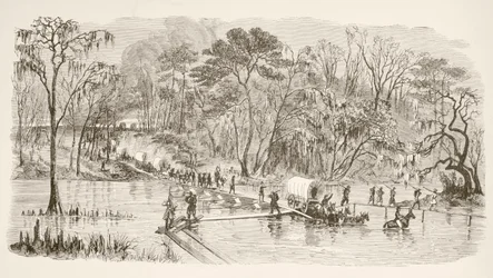 Le truppe del generale Sherman attraversano il fiume Edisto durante la Marcia verso il Mare (litografia)