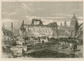 Vista generale dei lavori per il ponte ferroviario London, Chatham e Dover a Blackfriars