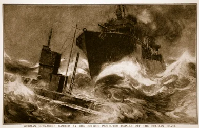 Sottomarino tedesco speronato dal cacciatorpediniere britannico Badger al largo della costa belga, 1914-19