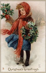 Ragazza che vende agrifoglio e ghirlande di Natale (cromolitografia)
