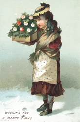 Ragazza che cammina nella neve con una scatola di fiori