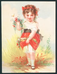 Ragazza con fiori e farfalla - Cartolina di auguri vittoriana