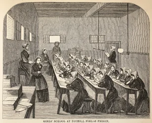 Scuola per ragazze alla prigione di Tothill Fields, illustrazione da Le Prigioni Criminali di Londra e Scene dalla Vita Carceraria di Henry Mayhew e John Binny, pub. 1862