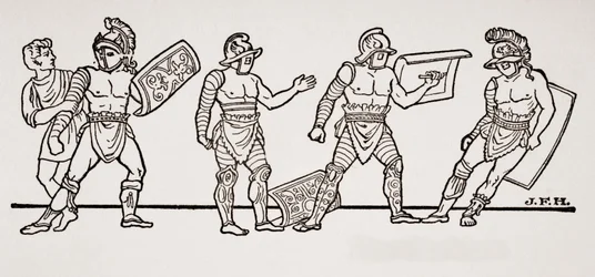 Gladiatori, da un affresco a Pompei, illustrazione da The Outline of History di H.G. Wells, Volume I, pubblicato nel 1820