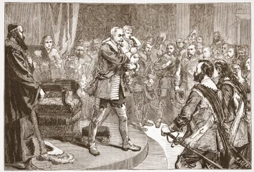 Gustavo Adolfo che saluta gli Stati, illustrazione da The History of Protestantism di James Aitken Wylie, pub. 1878