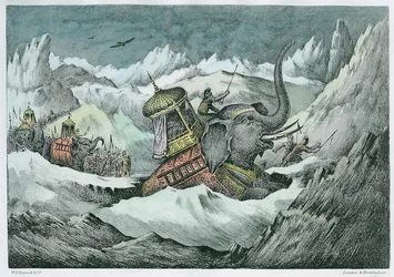 Annibale (247-c.183 a.C.) e i suoi elefanti da guerra attraversano le Alpi (colorazione successiva)