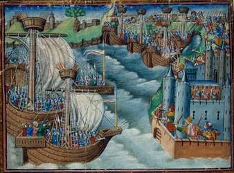 La flotta cristiana attacca il porto di Gaeta in Italia, tenuto dai Turchi, da I Tre Figli dei Re, c.1500