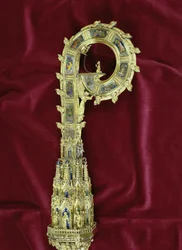 Testa e ricciolo del pastorale di William of Wykeham (c.1320-1404): lato di Pietro (argento dorato) (dettaglio)