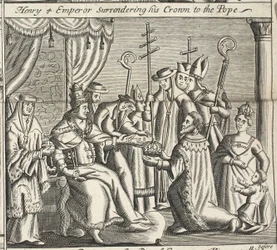 Enrico IV imperatore che cede la sua corona al Papa, illustrazione da Atti e Monumenti di John Foxe, nona edizione, pub. 1684