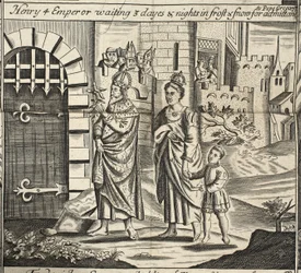 Enrico IV imperatore che aspetta 3 giorni e notti nel gelo e nella neve per essere ammesso dal Papa Gregorio, illustrazione da Atti e Monumenti di John Foxe, nona edizione, pub. 1684