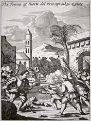 Henry Morgan cattura e saccheggia la città di Puerto de Principe, Cuba, nel 1668, illustrazione da 