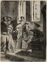 Enrico VIII e il suo Consiglio ordinano la traduzione della Bibbia in inglese - 1538 - incisione da 