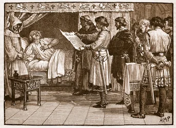 Enrico che riceve la notizia del tradimento di Giovanni, illustrazione da Cassells Illustrated History of England