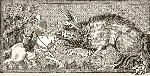 Come Alessandro combatté con la bestia, da una miniatura in un manoscritto del XIII secolo, da 