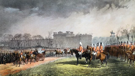 Hyde Park - La Principessa passa in rassegna le linee dei volontari, 7 marzo 1863, da A Memorial of the Marriage of Edward VII and Alexandra of Denmark, pub. 1864