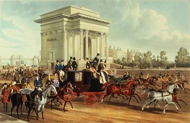 Hyde Park Corner, dopo James Pollard, pubblicato da Ackermann, 1836