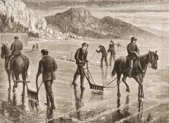 Raccolta del ghiaccio sul fiume Hudson, Stato di New York, c.1870, da 