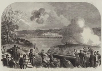 Illustrazioni della guerra in America, la batteria di Howlett sul fiume James, impegnata contro i monitor federali (incisione)