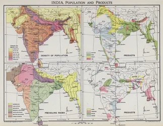 India, popolazione e prodotti (litografia a colori)