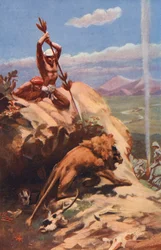 Uomo indiano che trafigge un leone