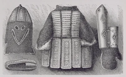 Panoplia indiana composta da elmo, tunica, guanti e scarpe da Bhuj, da La storia dell