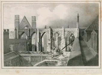 Veduta interna delle Case dei Lord e dei Comuni il giorno dopo gli incendi presa dalla cima della Westminster Hall