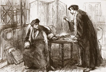 Incontro tra Erasmo e Calvino, illustrazione da La storia del protestantesimo di James Aitken Wylie (1808-1890), pub. 1878