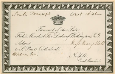 Invito al funerale di Arthur Wellesley, il Duca di Wellington, alla Cattedrale di San Paolo
