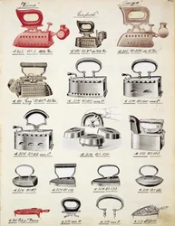 Ferri da stiro, da un catalogo commerciale di beni domestici e accessori, c.1890-1910