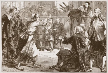 Janet Geddes che lancia il suo sgabello al Decano di Edimburgo, illustrazione da The History of Protestantism di James Aitken Wylie, pub. 1878