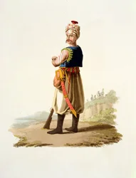 Giannizzero, da Costumi delle varie nazioni, Volume VII, Il costume militare della Turchia, di Thomas MacLean, pubblicato c.1800-18