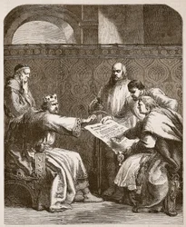 Giovanni che rifiuta di firmare gli articoli dei baroni, illustrazione da Cassells Illustrated History of England