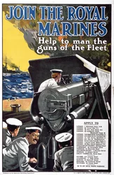 Unisciti ai Royal Marines - Aiuta a manovrare i cannoni della flotta, manifesto di reclutamento della Prima Guerra Mondiale