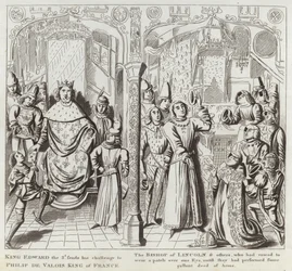 Re Edoardo III invia la sua sfida a Filippo di Valois, re di Francia, il vescovo di Lincoln e altri, che avevano giurato di indossare una benda su un occhio fino a quando non avessero compiuto qualche impresa galante