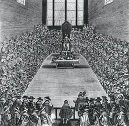Re Giacomo I (1566-1625) nelle Case del Parlamento, 1624