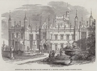 Knebworth, Herts, la residenza di Sir Edward E L Bulwer Lytton, baronetto, fronte del giardino