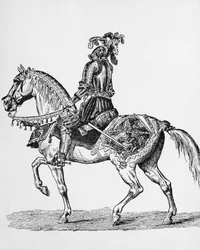 Cavaliere a cavallo in abito di gala del 1400
