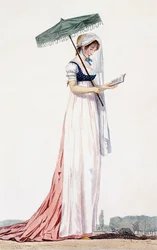 Elegante abito estivo da donna con parasole, di Delacourt, 1770